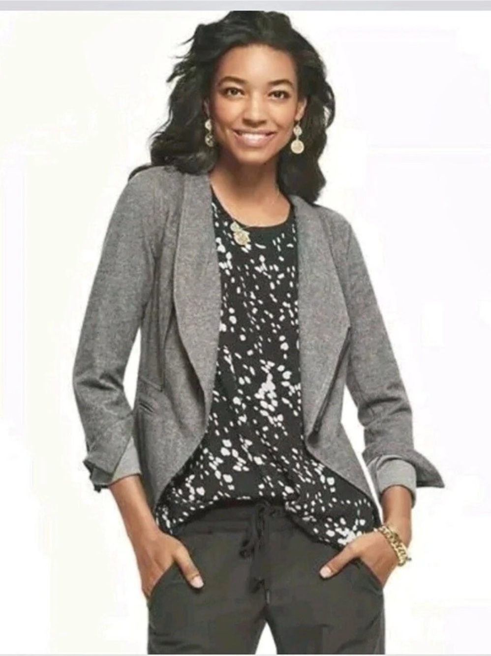 CAbi #3556 Gray Rebel Motto Asymmetrical Zip Up Ponte Knit Jacket Size Medium